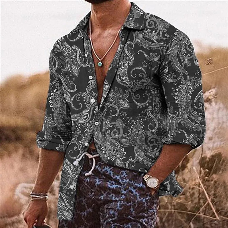 Men's loose fit polyester shirt with 3D flower pattern printing in long sleeve design