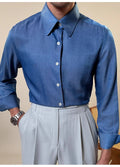 Men's slim fit long sleeve round collar shirt in sky blue and denim blue rayon-polyester blend