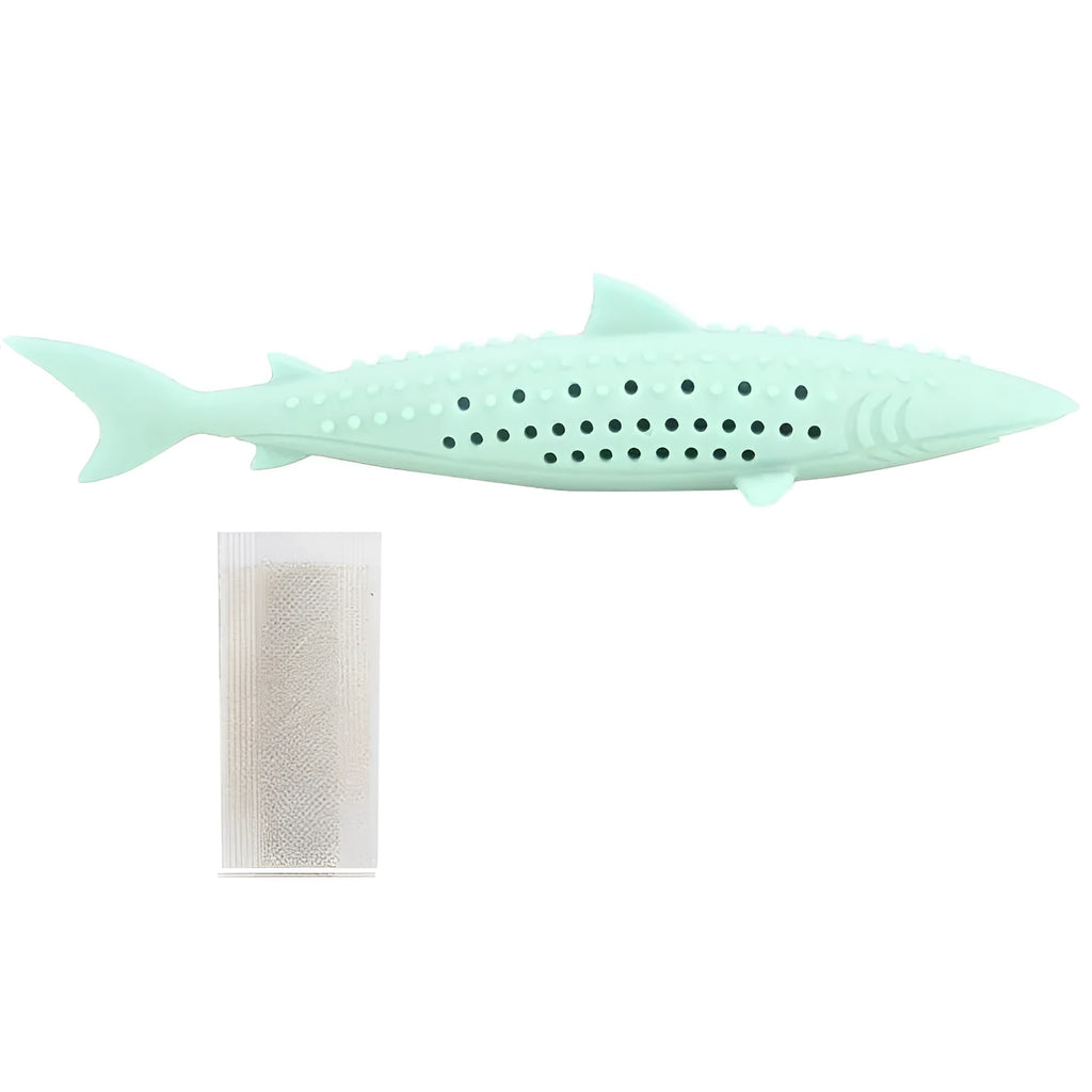 Green silicone fish-shaped chew toy for cats on a white background, showing side air holes.