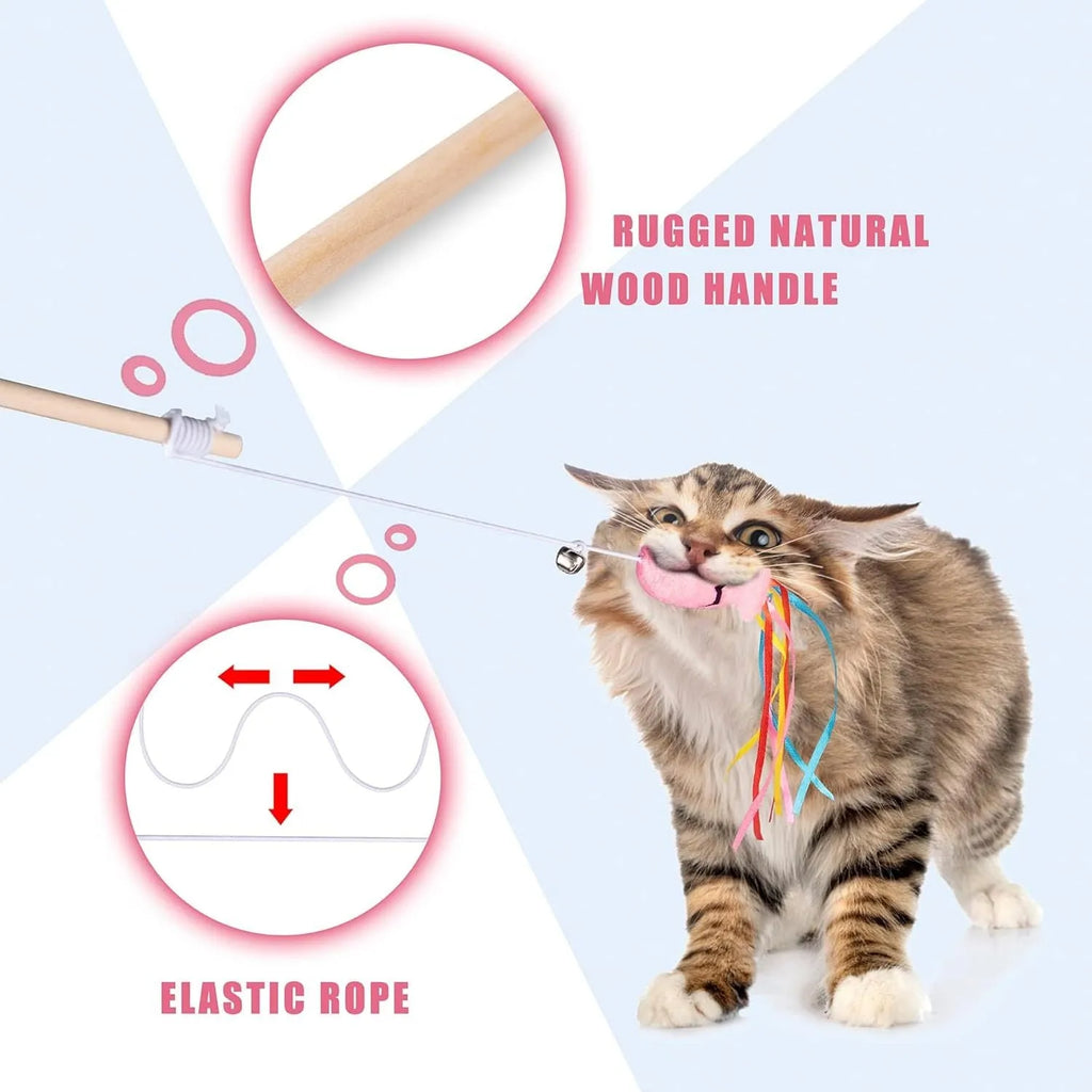 Cat wand toy with colourful ribbons, catnip fish and bell on 40cm wooden handle