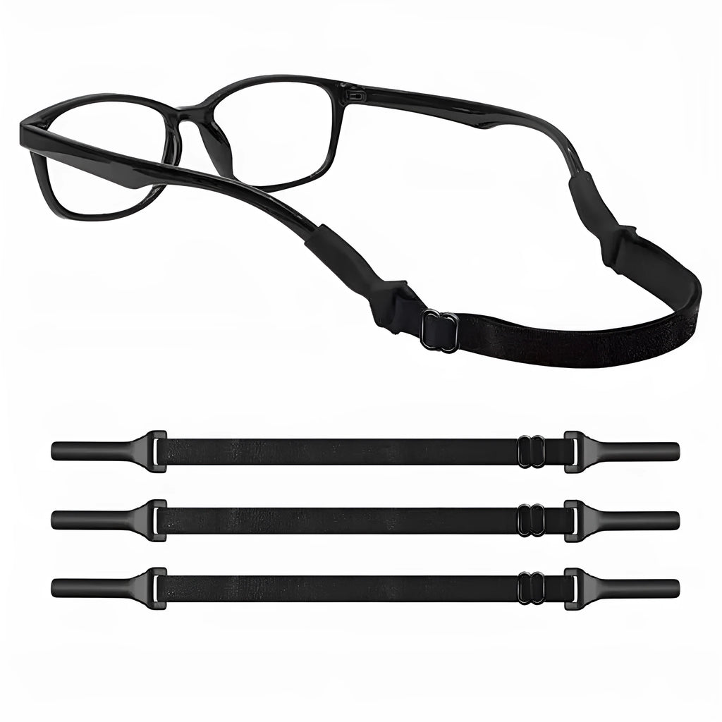 Black adjustable glasses cord with silicone ends for securing spectacles against loss.