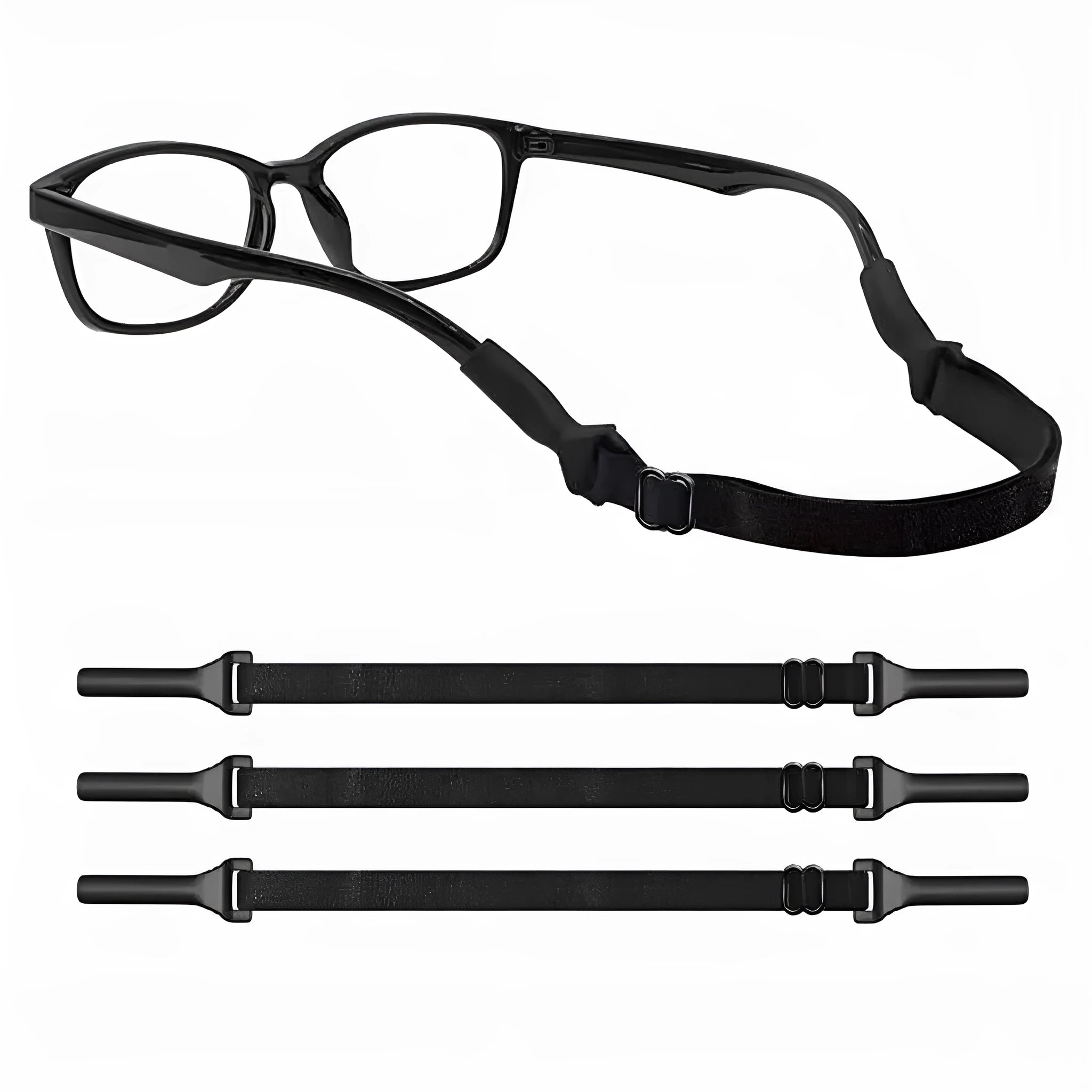 Black adjustable glasses cord with silicone ends for securing spectacles against loss.