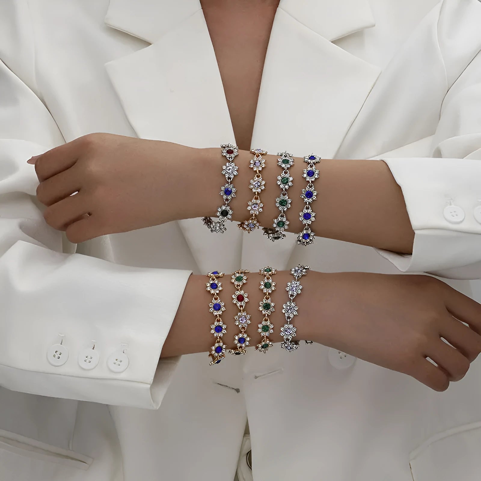 Flower-shaped electroplated bracelet in zinc alloy with colourful crystal accents