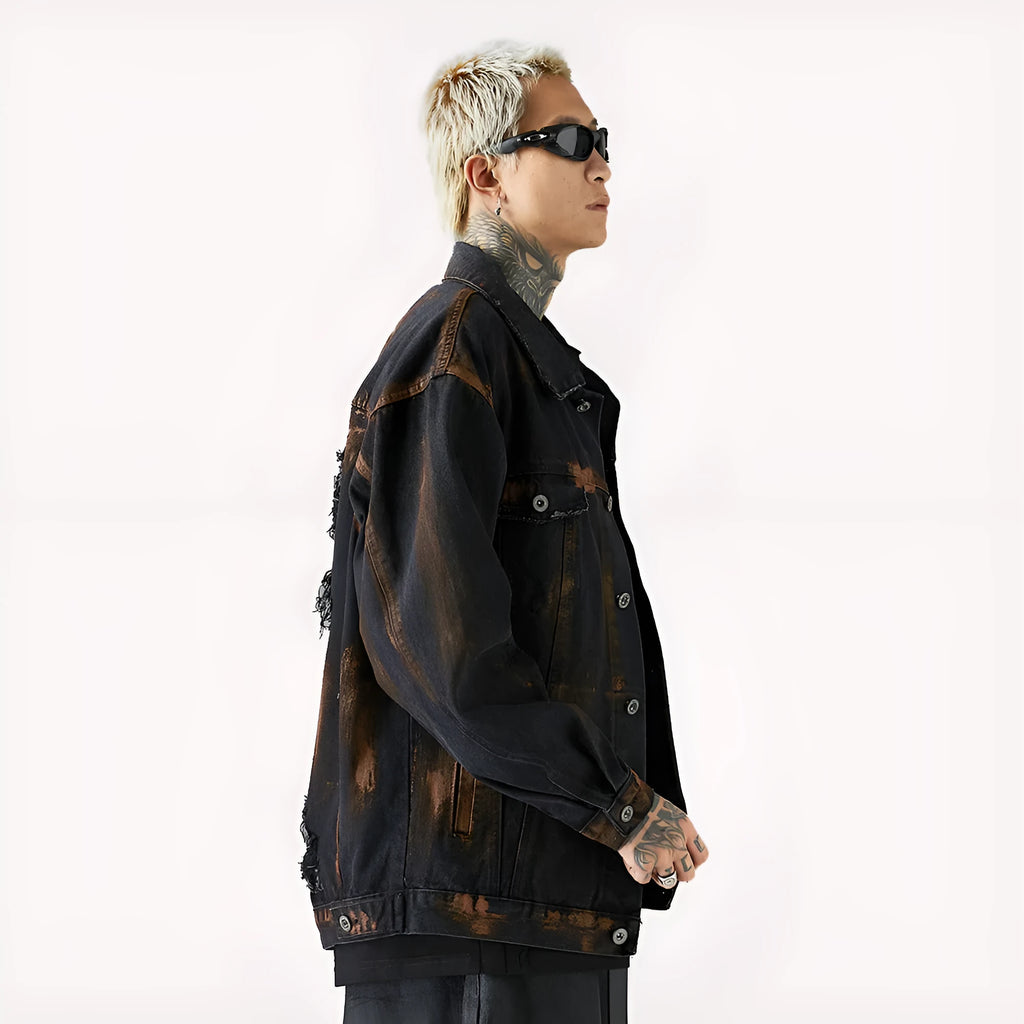 Fashion holes denim clothes jacket for men in black cotton street style