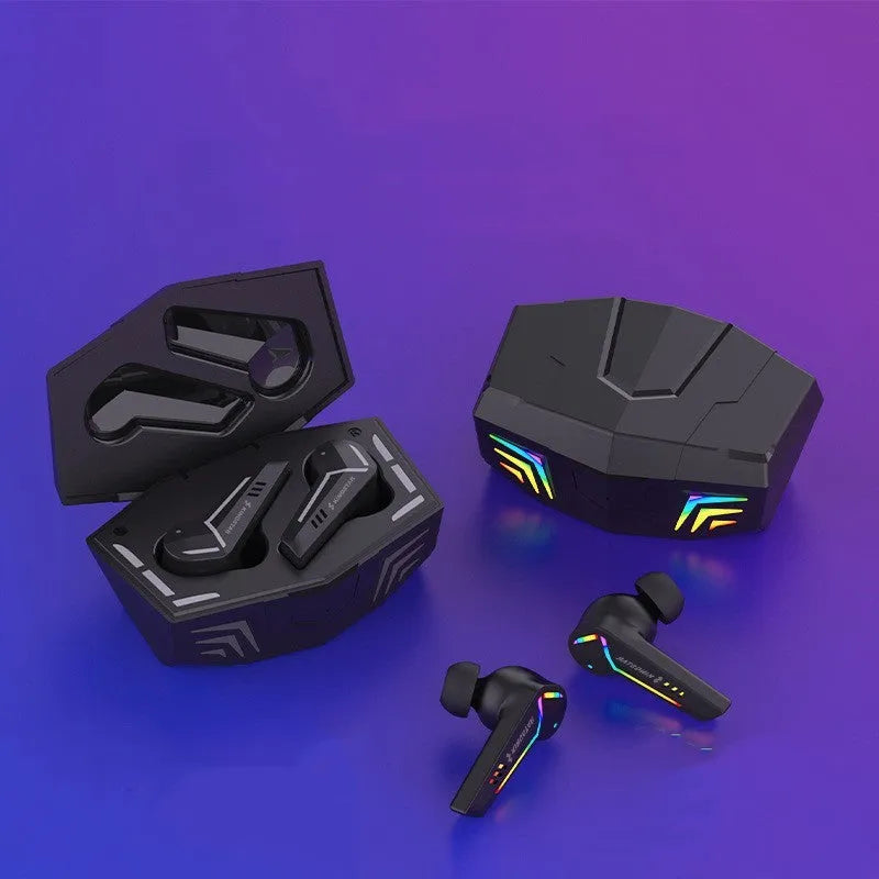 Black wireless Bluetooth earbuds with low-latency for sports and gaming