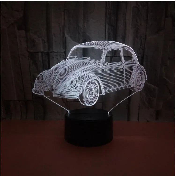 3D acrylic LED table lamp with colourful lighting on black base, showing touch controls and USB cable