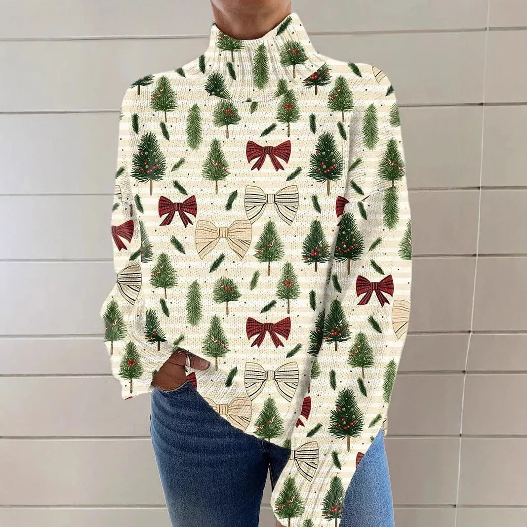 Women's loose fit Christmas printed turtleneck sweater in polyester fabric with painting pattern