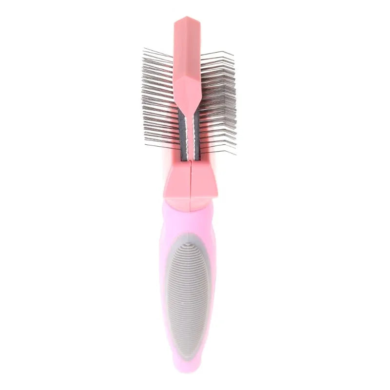 Blue double-sided pet brush with stainless steel pins on one side and a mix of soft and firm pins on the other.