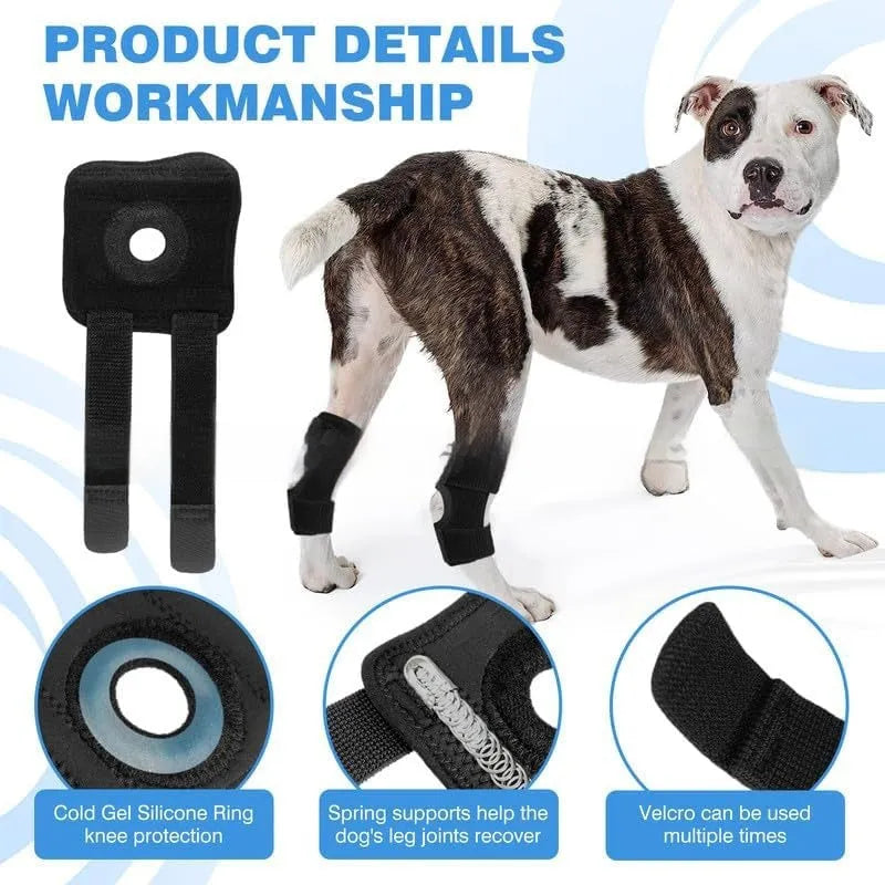 Black polyester dog leg guard for ACL tear and joint dislocation protection, shown with protective cover.