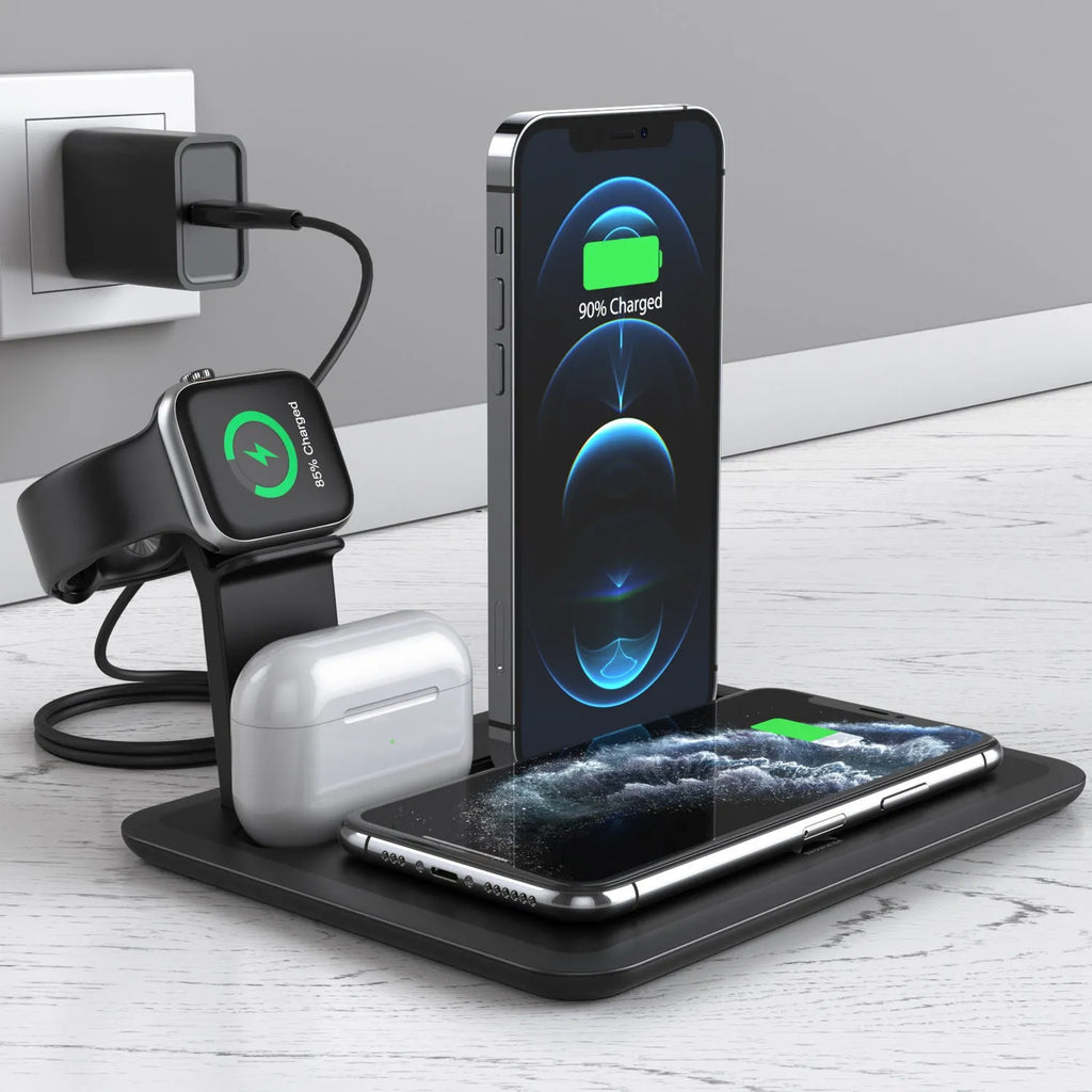 Black and white desktop wireless charging station for phone watch headphones with USB ports