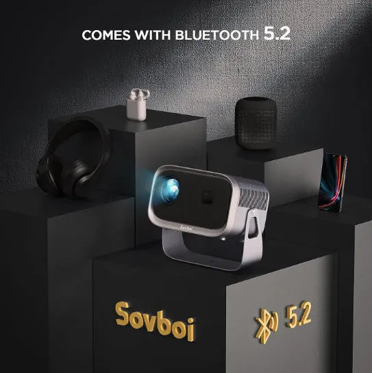 4K Android home projector with 1080p resolution and wireless screen mirroring, portable design