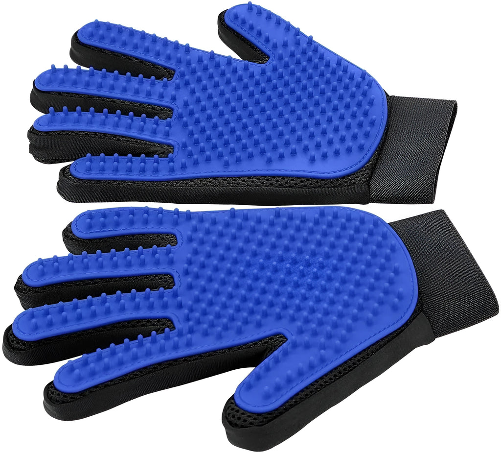Blue pet grooming gloves with silicone tips for cat and dog hair removal
