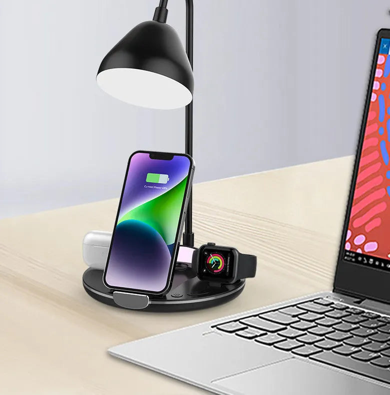 Black magnetic folding wireless charger showing both flat and upright positions with smartphone attached
