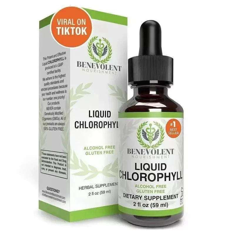60ml bottle of peppermint-flavoured liquid chlorophyll drops with dropper for internal deodorant and digestive care