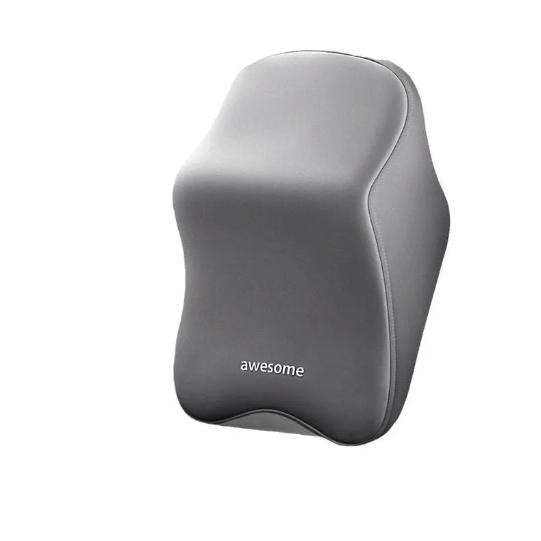 Memory foam car pillow set showing black headrest pillow and lumbar support pillow on a car seat