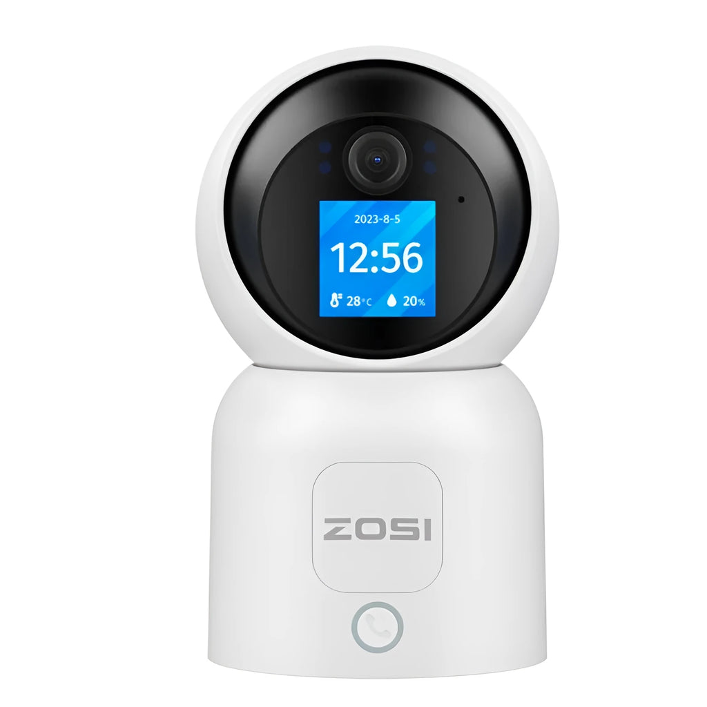 Zhou Shi wireless indoor security camera with large screen on a white plastic housing.