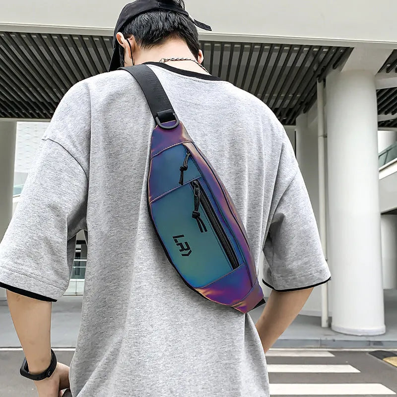 Blue reflective crossbody cycling chest bag with open pocket and soft handle