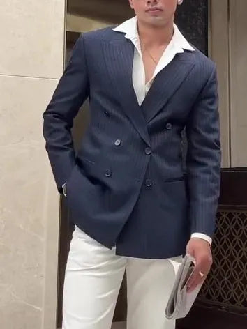 Man wearing a classic striped double-breasted polyester blazer jacket.