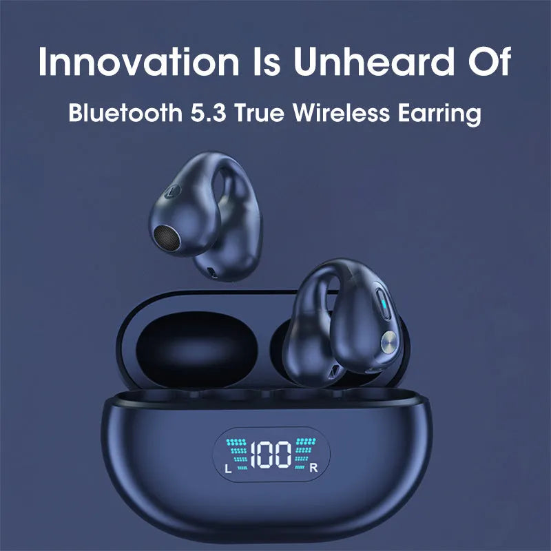 Black bone conduction Bluetooth headset with ear clip design shown on a white background.
