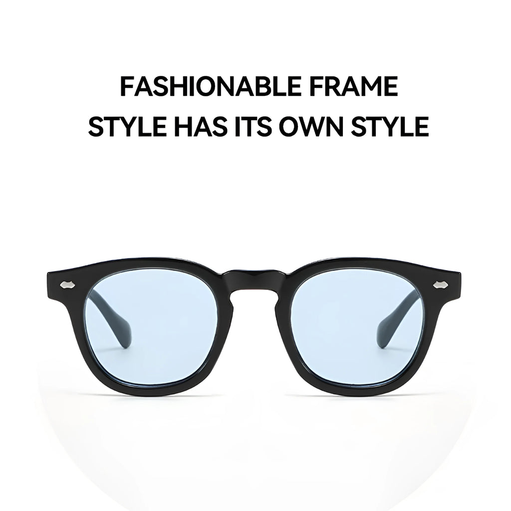 Simple plastic round rim sunglasses in retro artistic style on a solid background.