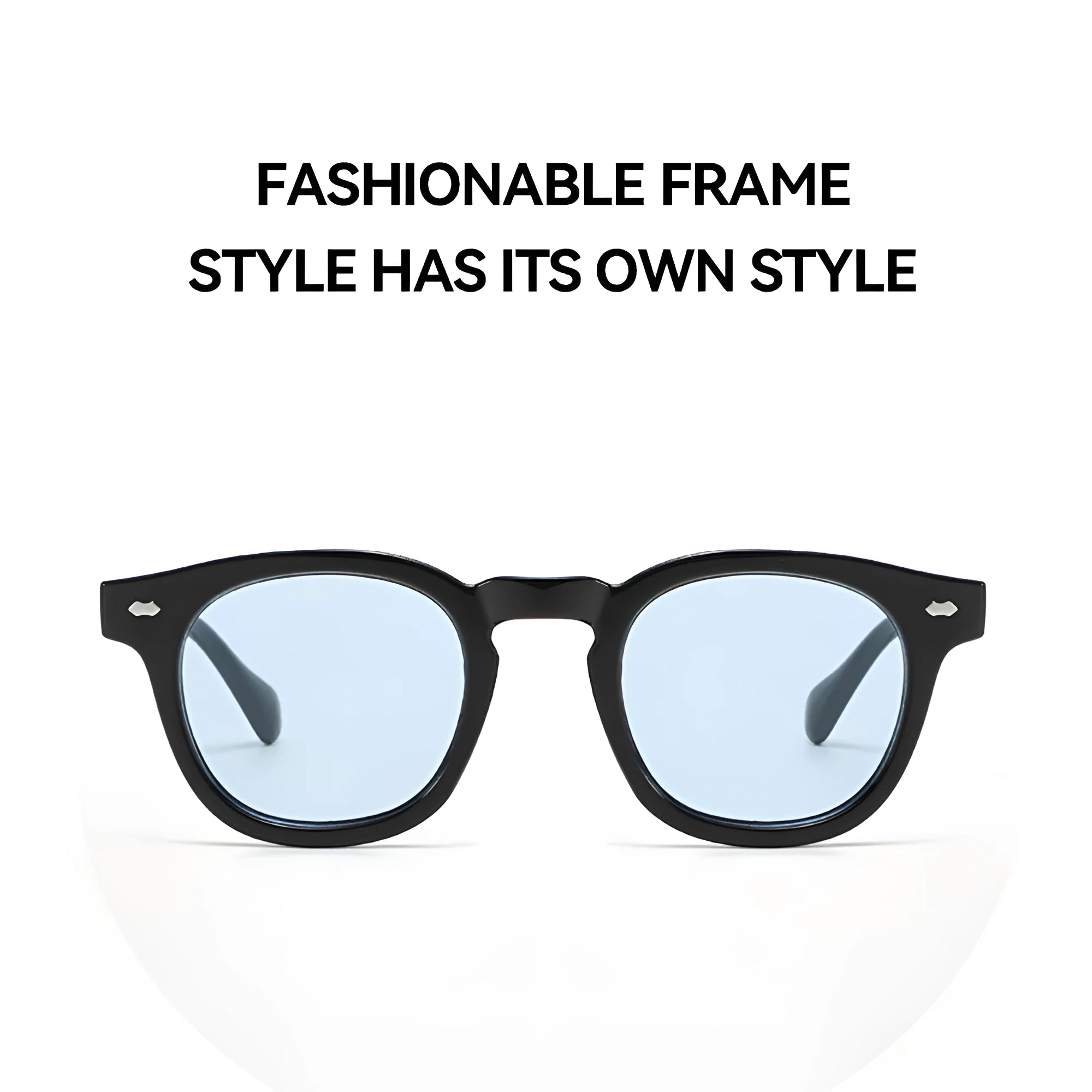 Simple plastic round rim sunglasses in retro artistic style on a solid background.