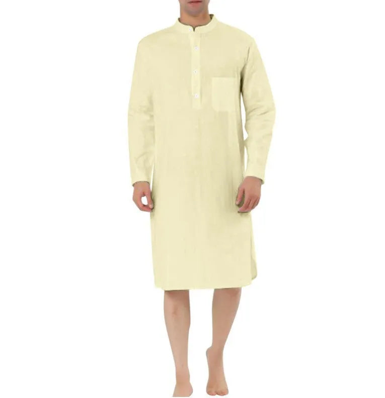 Men's simple cotton shirt robe with pockets shown in one of nine available colours.