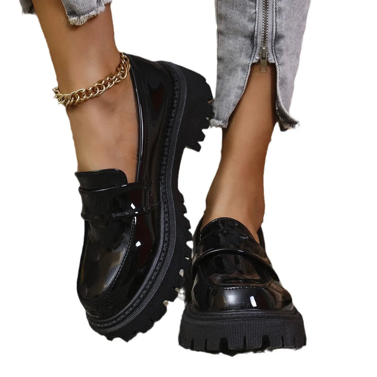 Women's slip-on loafers with chunky platform heel in black, wine red, or green