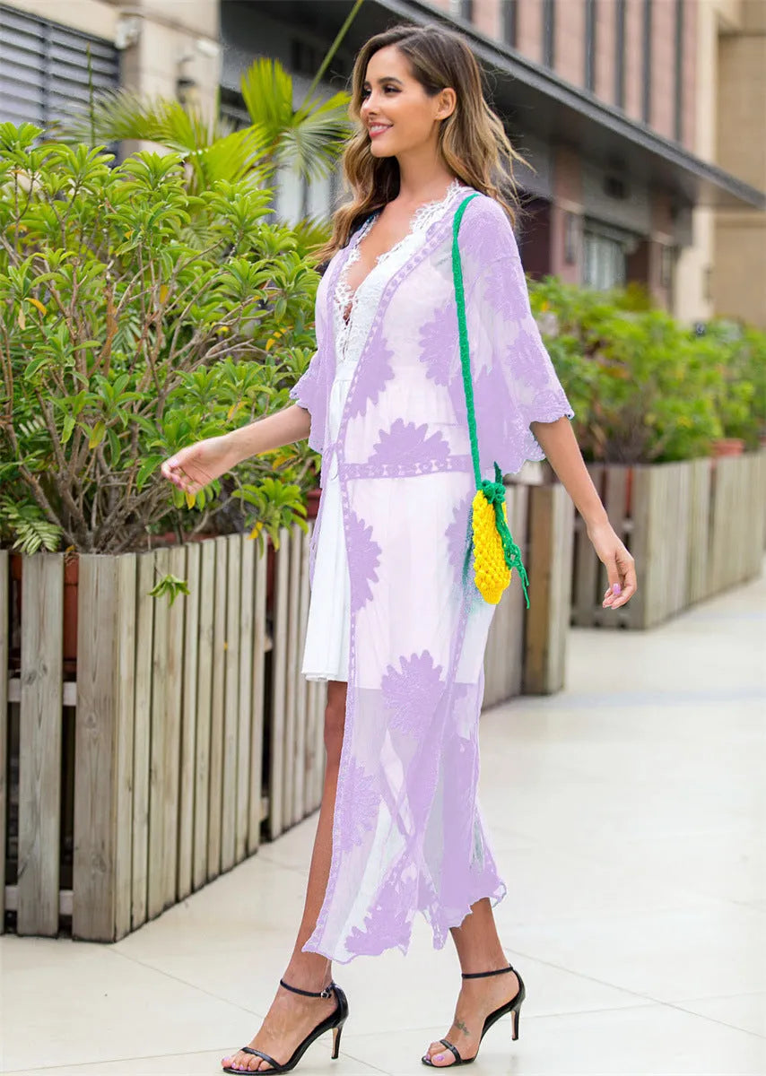 Light purple women's long lace embroidery beach cover-up dress for swimming.