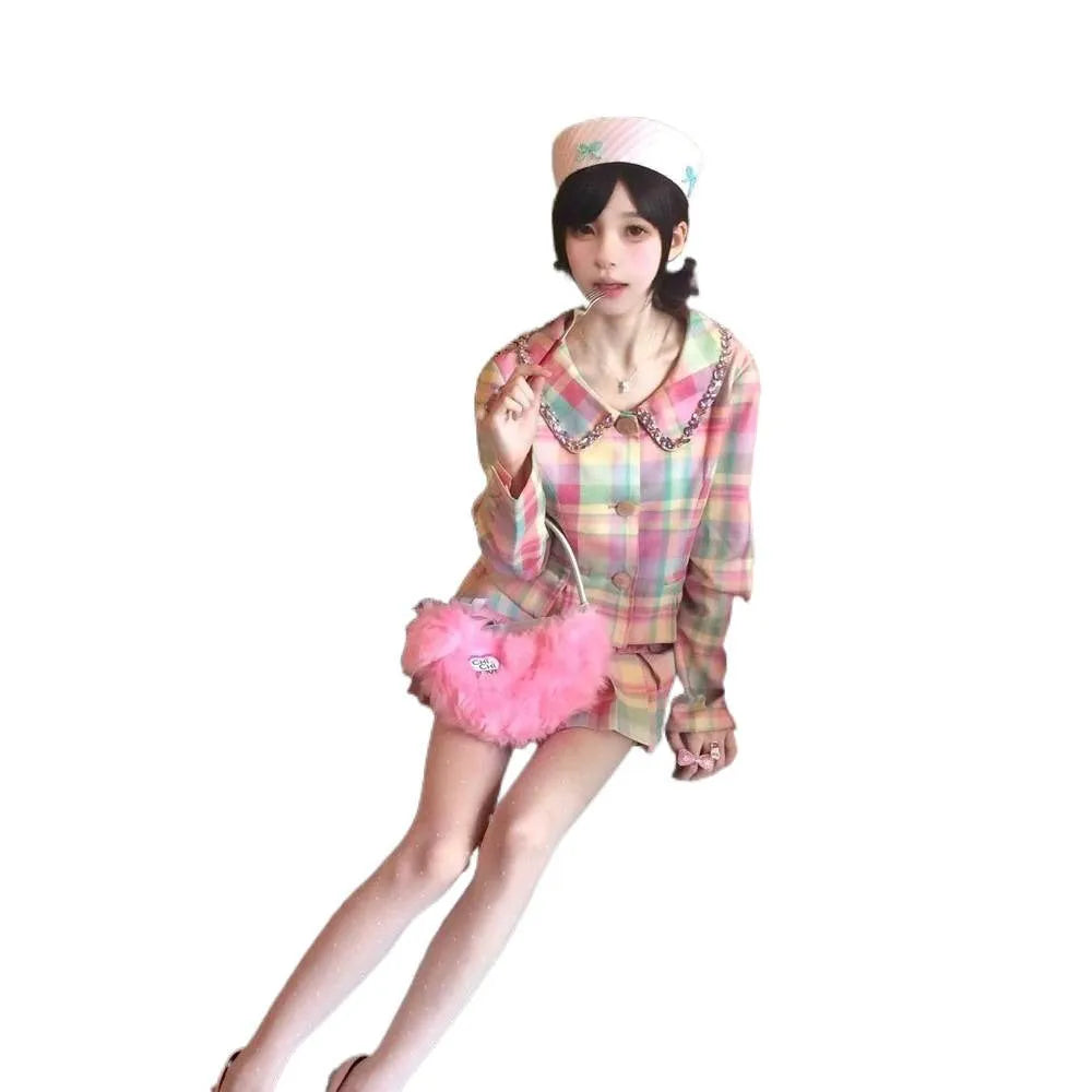 High waist slimming pleated skirt suit for women with cashmere long sleeve coat and cap skirt in neutral colour