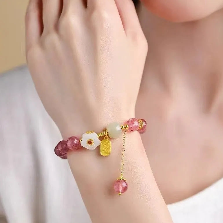 Natural strawberry quartz crystal bracelet for women handcrafted with green strawberry quartz moon design
