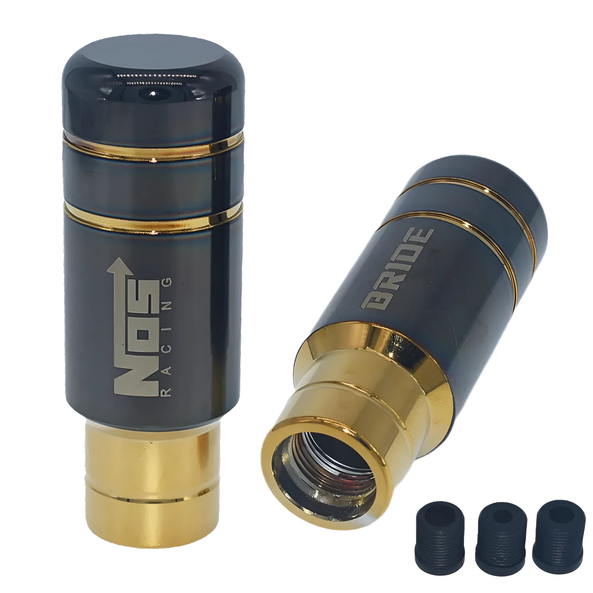 Roasted blue aluminium alloy car gear shift head with three black rubber installation sleeves.