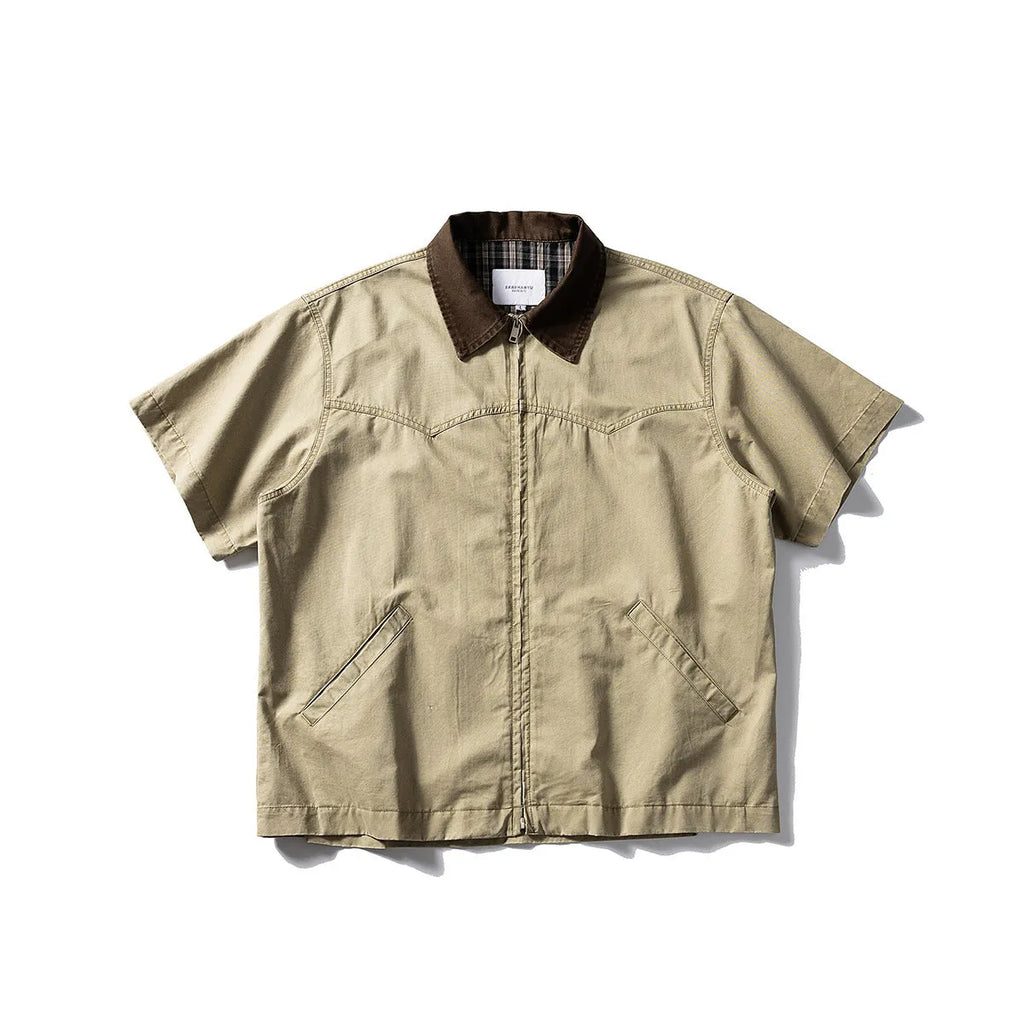 Washed overalls short sleeve cardigan shirt in loose fit cotton, khaki or grey colour