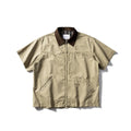 Washed overalls short sleeve cardigan shirt in loose fit cotton, khaki or grey colour