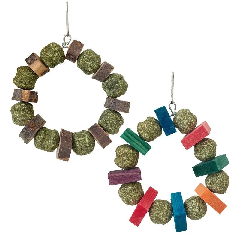 Hamster toy set showing decorative ring with straw ball and Applewood molar rod chew for small pets