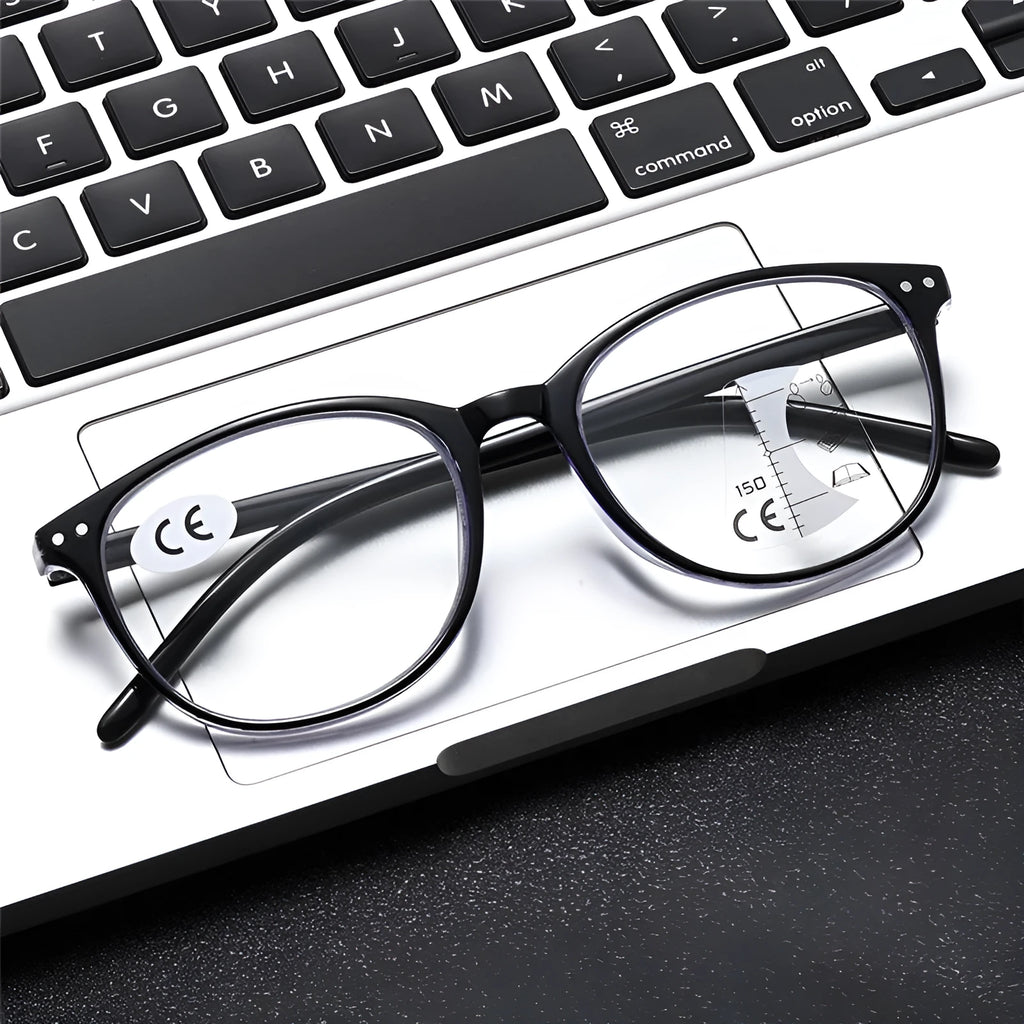 Women's ultra-light presbyopic glasses with multi-focus lenses in champagne box frame colour