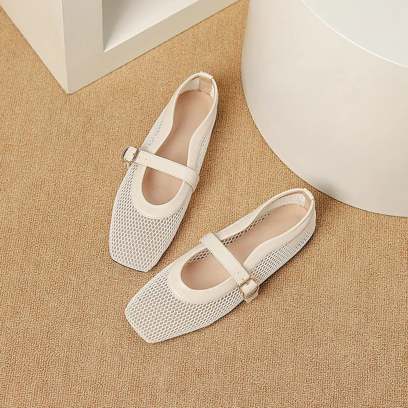 Women's breathable mesh pumps with buckle, flat heel, and square toe in beige colour.