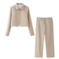 Women's herringbone pattern summer suit set with long sleeve jacket and straight-leg trousers