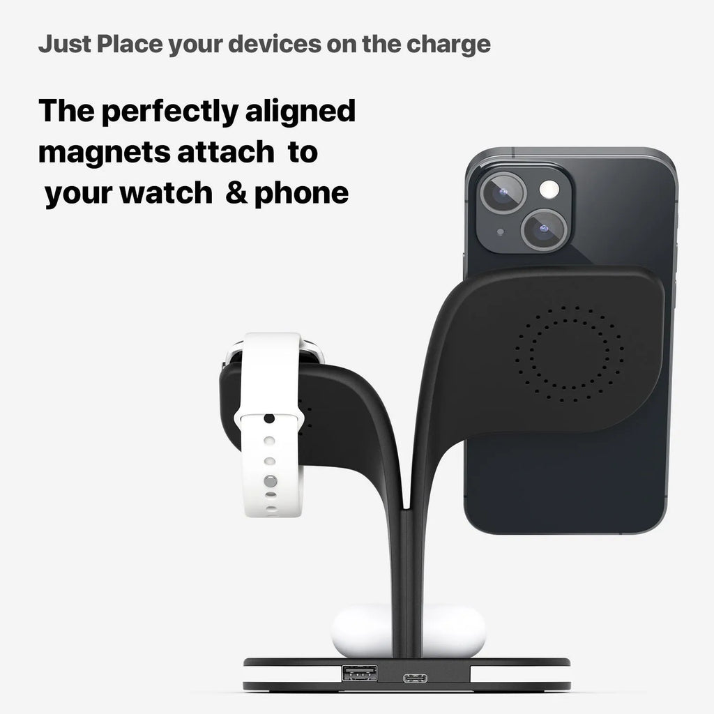 3-in-1 wireless charger stand for phone watch headphone in black on desk