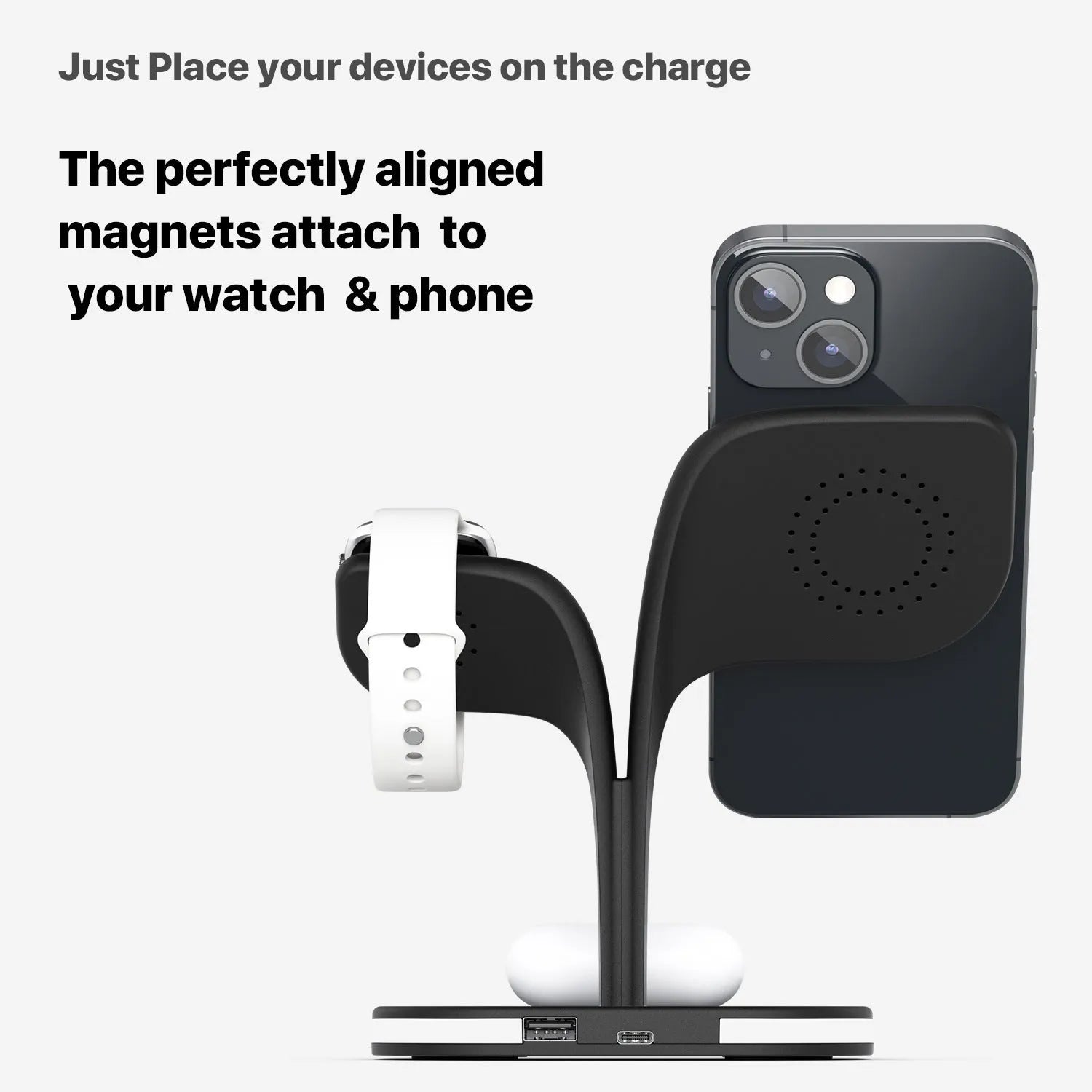 3-in-1 wireless charger stand for phone watch headphone in black on desk