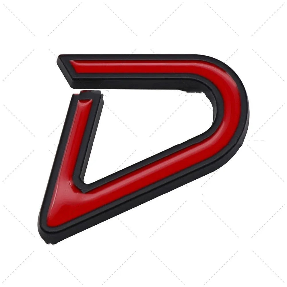 SD and D series metal decorative car sticker in red and black colour combination showing dimensional construction