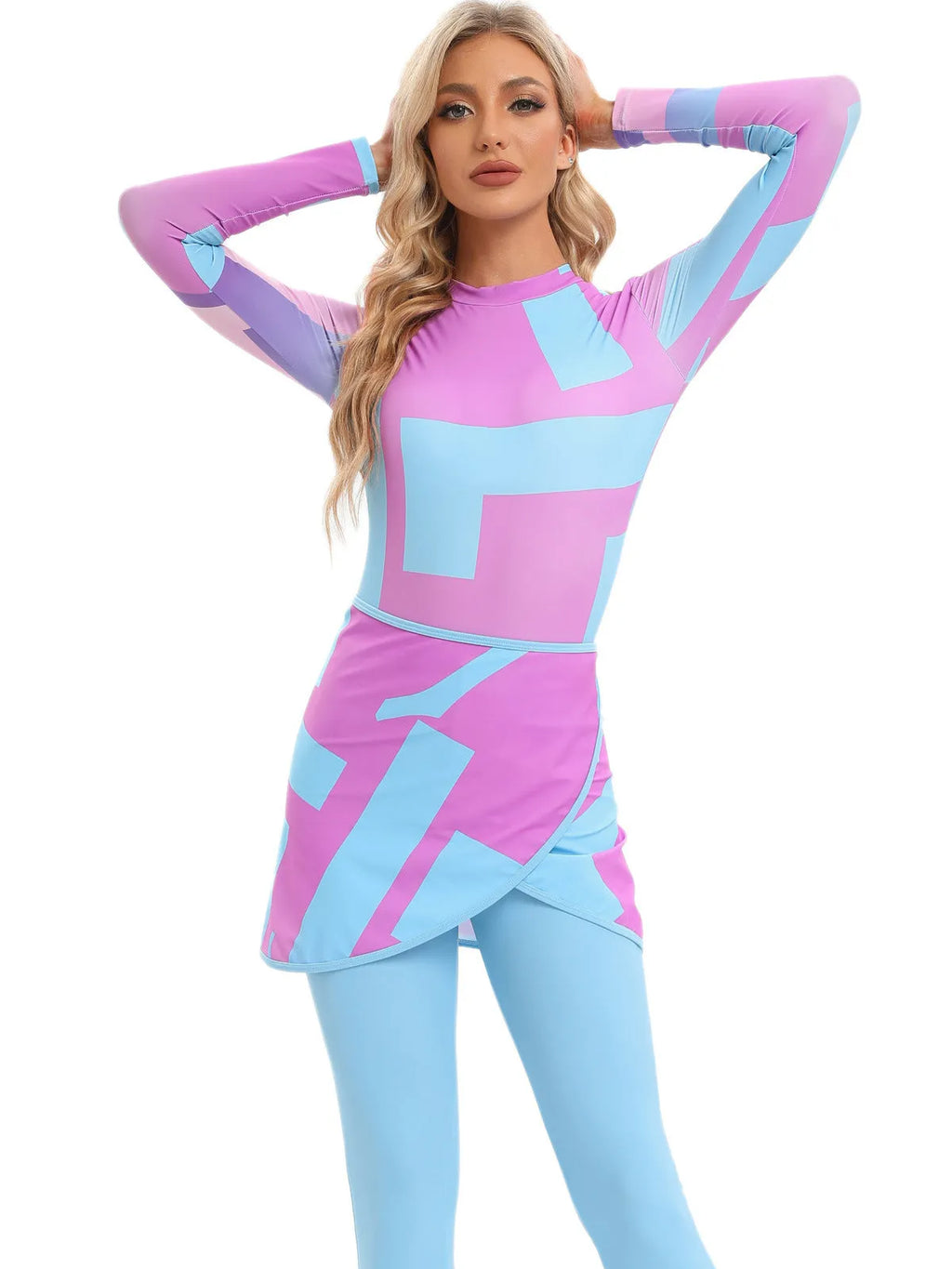 Muslim conservative three-piece swimsuit set with apron in blue, letter print, or foam colour.