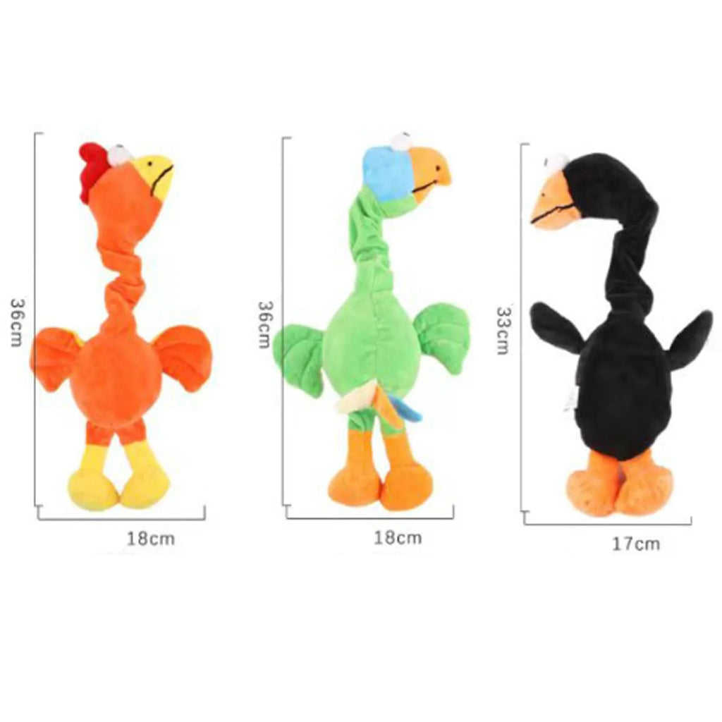 Bite-resistant screaming chicken squeaky rubber dog toy in green colour, approx 15cm long.