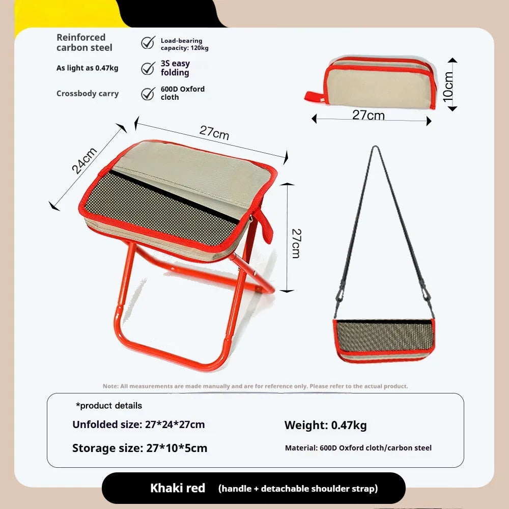 Oxford cloth foldable camp chair stool in khaki colour showing pencil box stool design