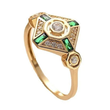Square geometric emerald diamond ring for women with electroplated finish in green colour