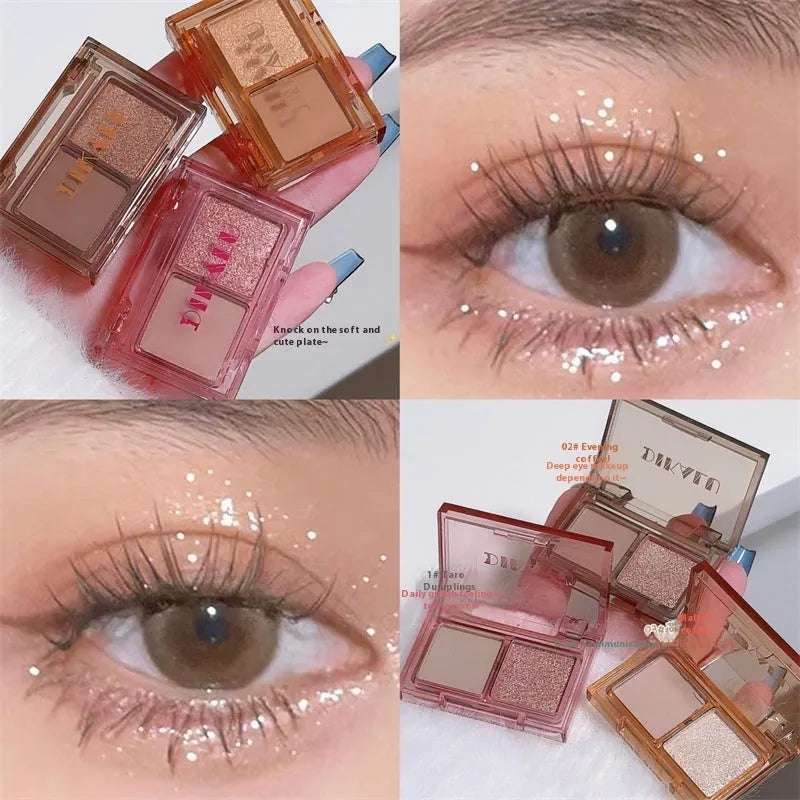 DIKALU two-tone eyeshadow palette open showing pink and black matte shimmer powder in one of five colour combinations.