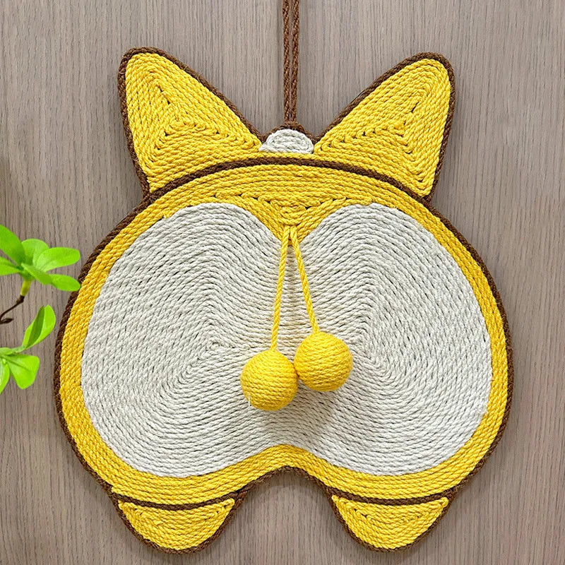Yellow Corgi butt design sisal cat scratching pad with anti-slip base measuring 37 by 40 centimetres