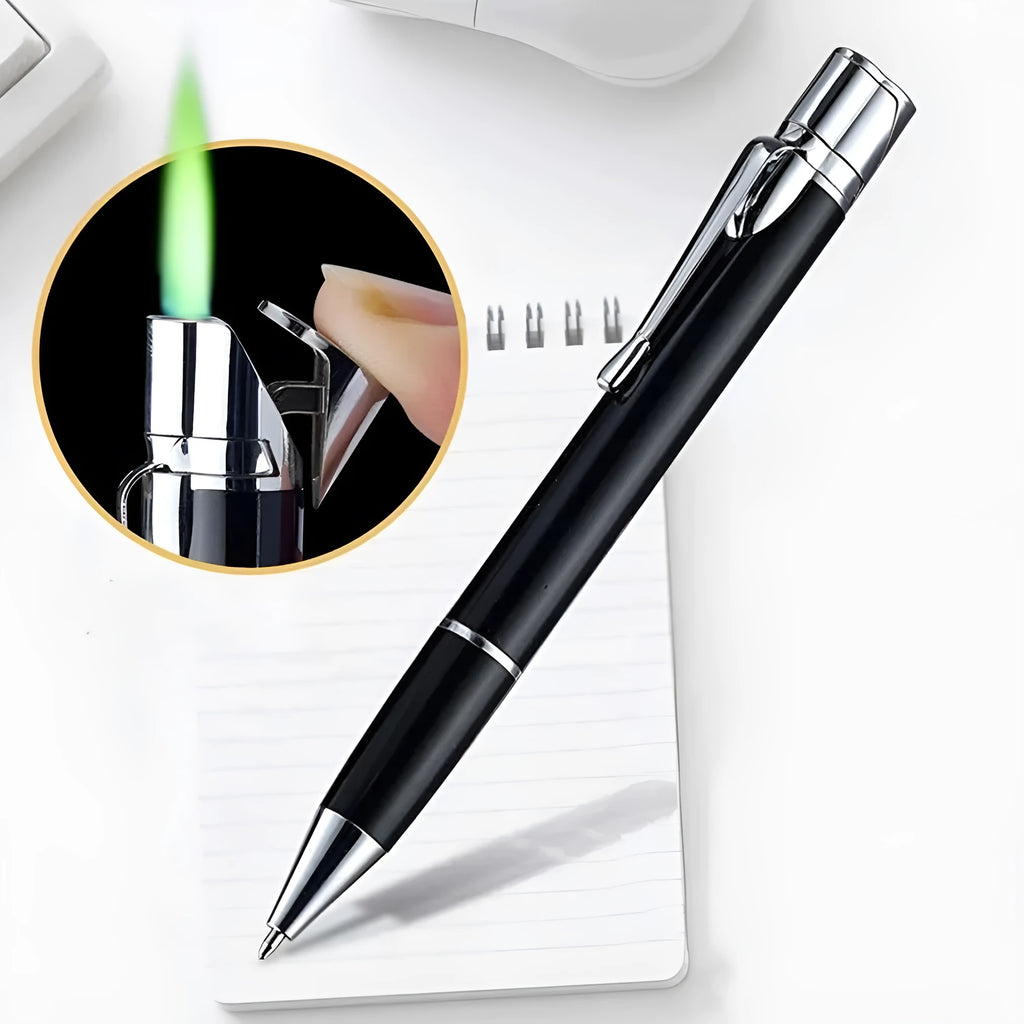Creative metal signature pen lighter with windproof turbo jet flame in black, with pen clip and side press ignition