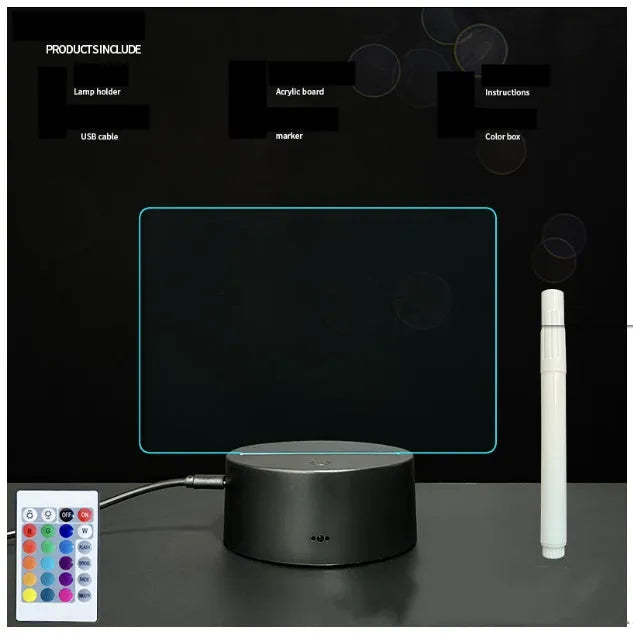 3D acrylic message board night light with handwritten note, showing colour-changing illumination and remote control.