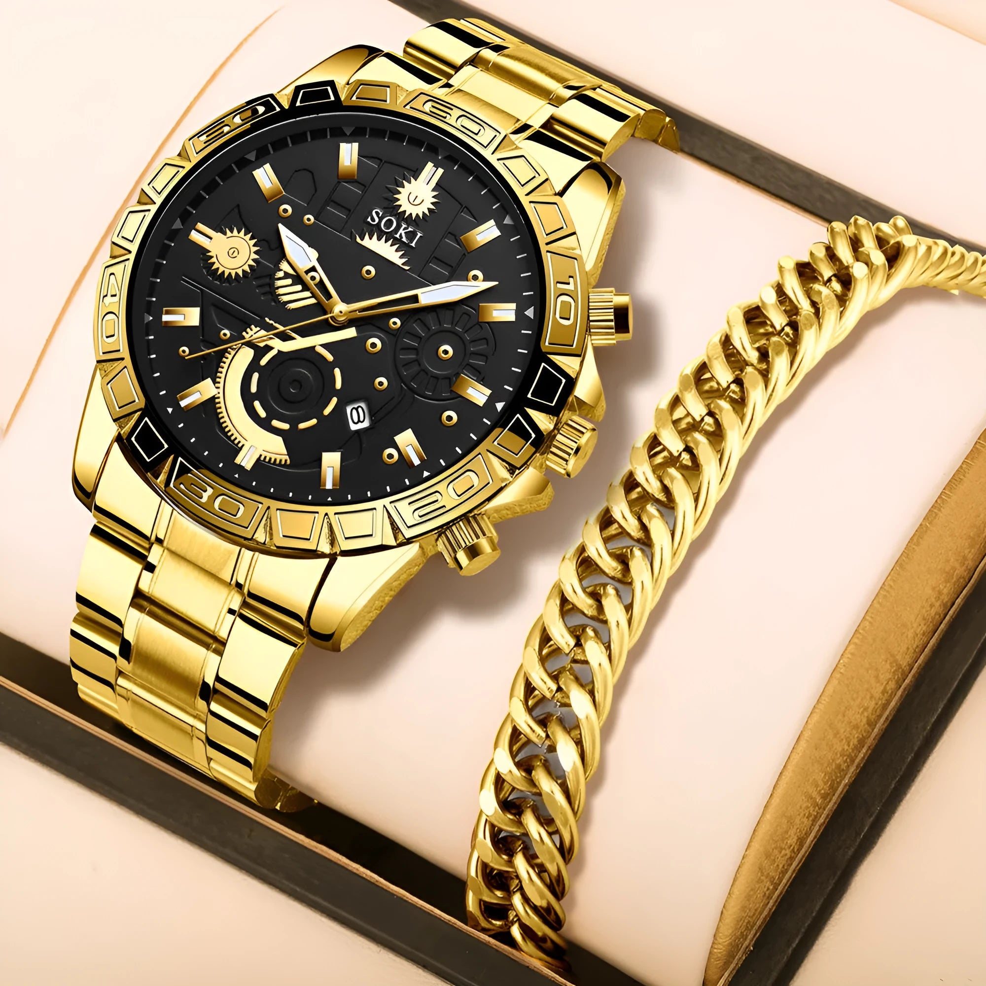 Men's gold stainless steel business quartz watch with 10mm thickness on wrist