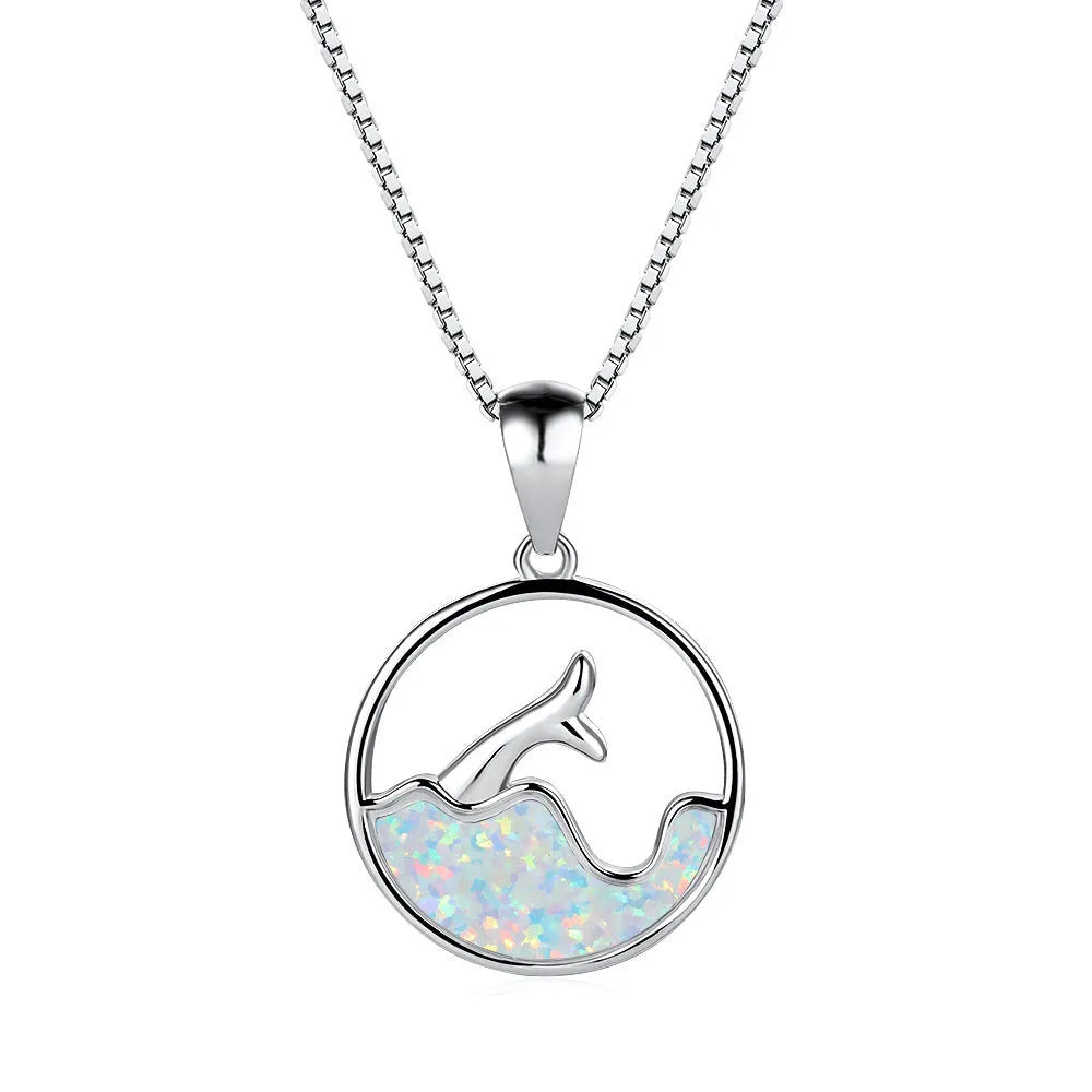 White gold electroplated sea fishtail necklace with round blue opal geometry design on copper construction